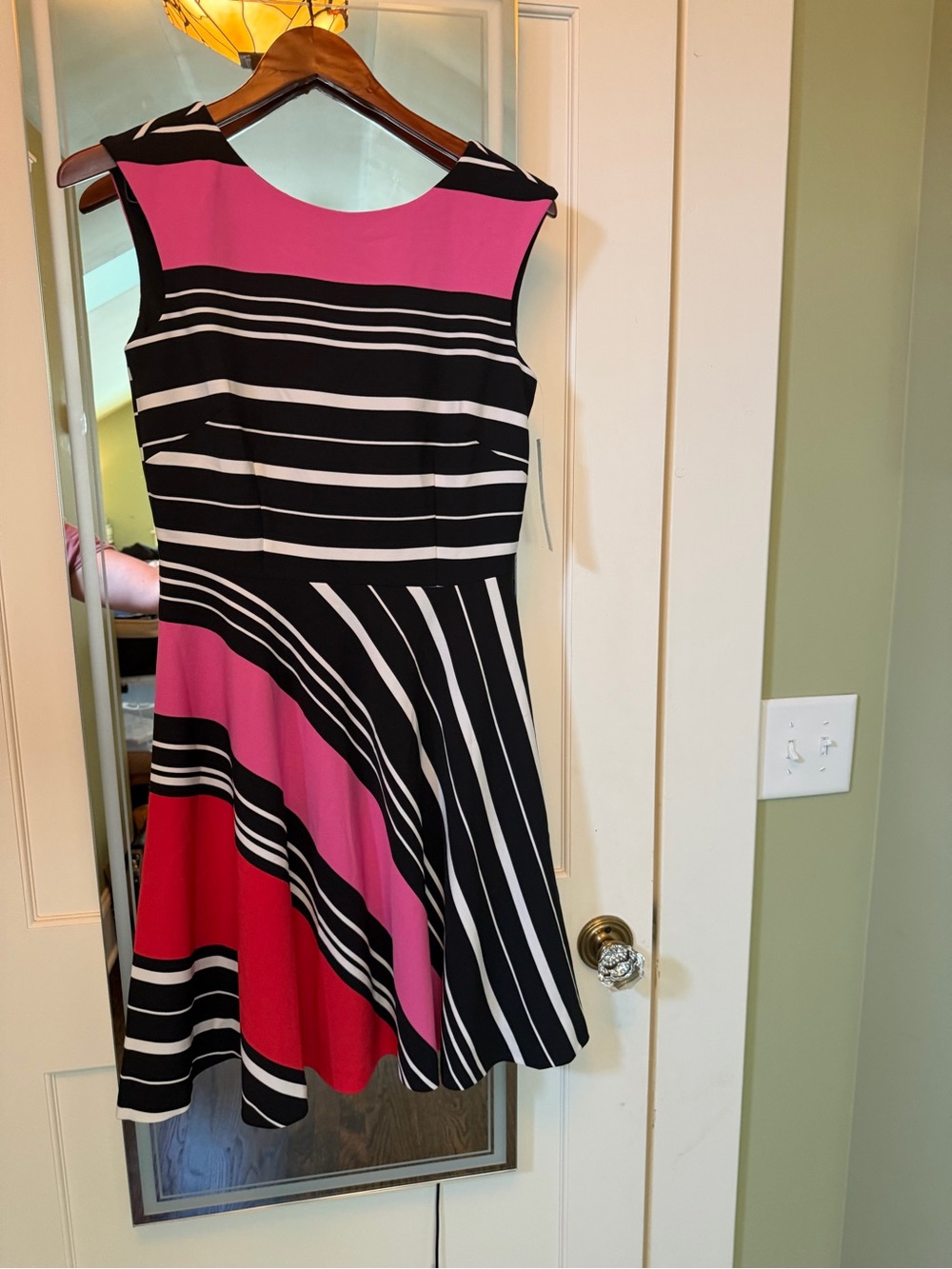 Tahari Black, White, Pink & Red Striped Fit & Flare Midi Dress